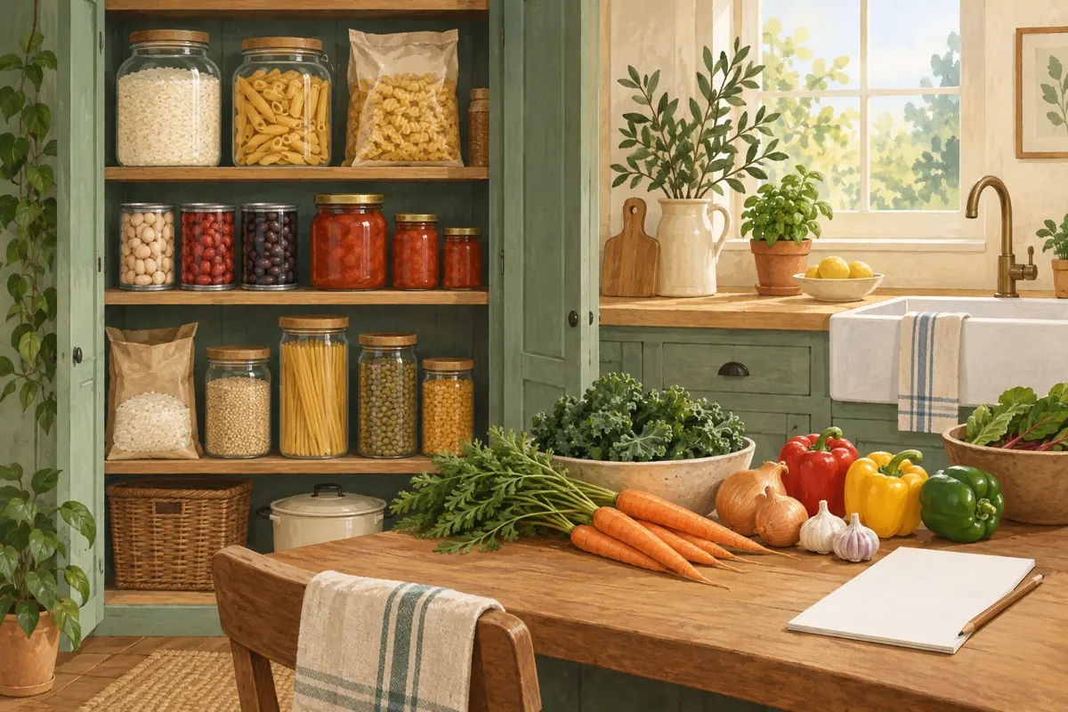 Illustration of pantry ingredients and vegetables beside a blank grocery list.