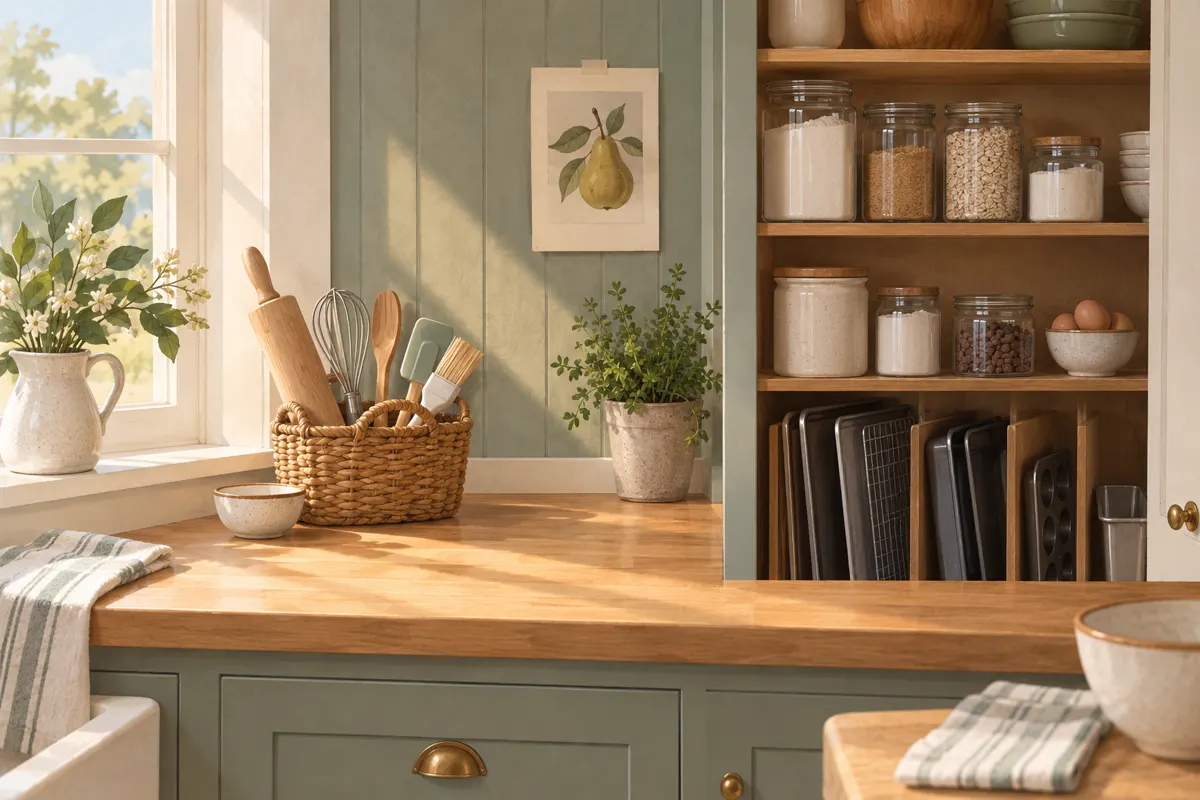 Illustration of a compact kitchen with a portable baking kit and organized cabinet storage beside a clear counter.