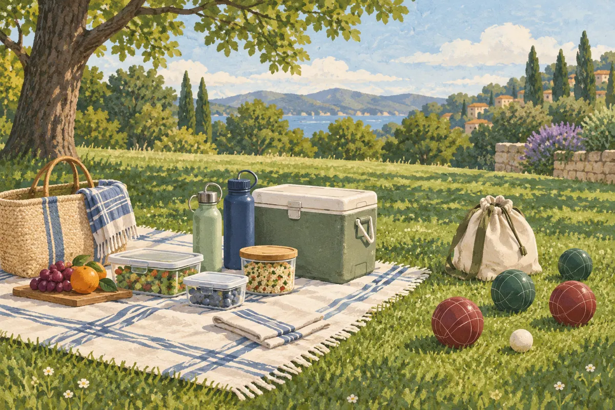 Illustrated picnic setup with snacks, drinks, a cooler, and lawn-game equipment kept beside the blanket.