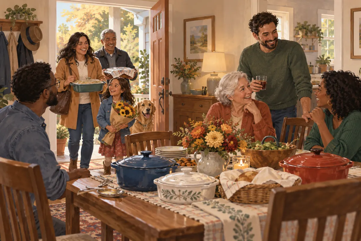 Illustration of relatives arriving at a family potluck while others gather around a shared table.