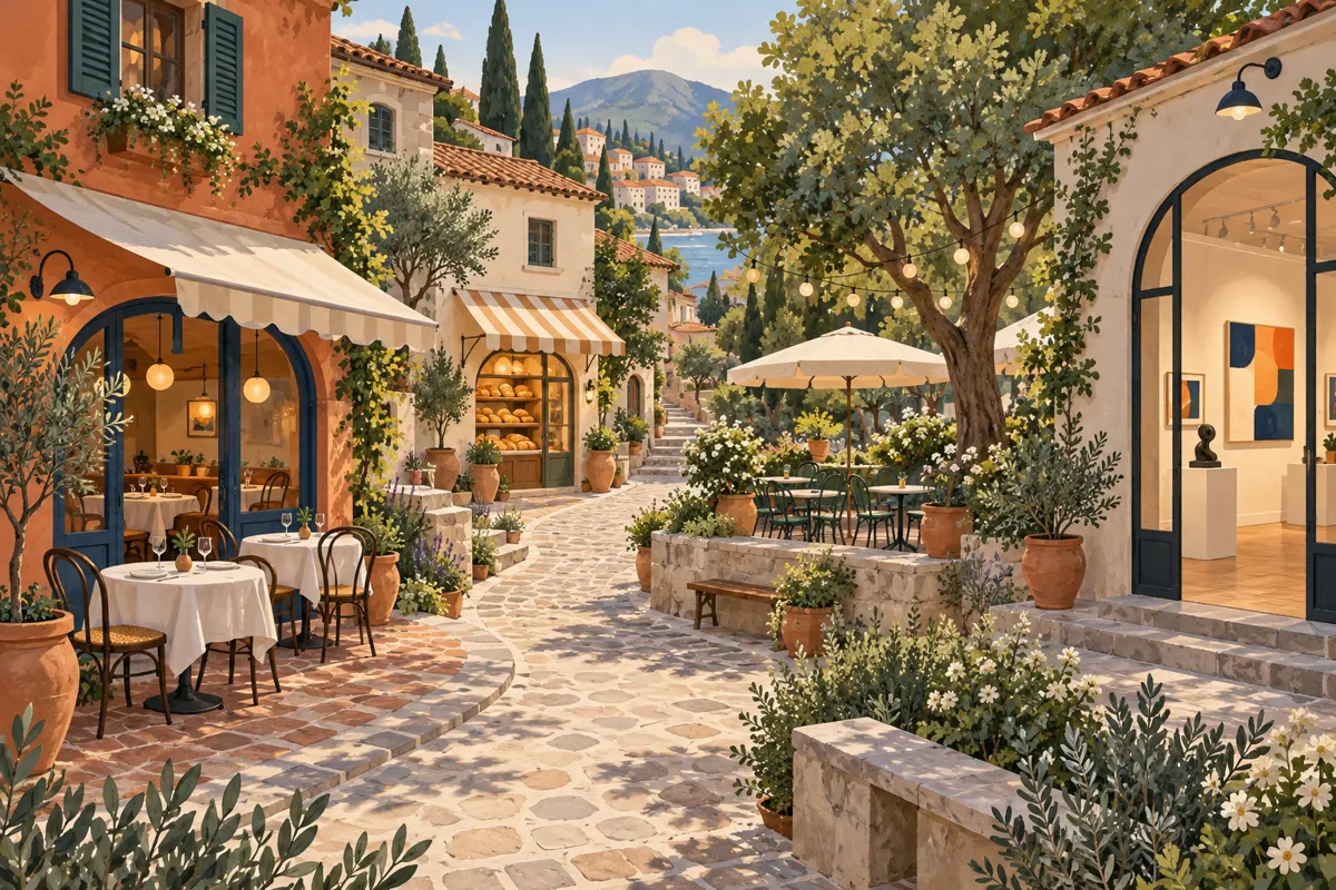 Illustrated neighborhood with food stops, a leafy rest area, and an indoor break along a short walking route.