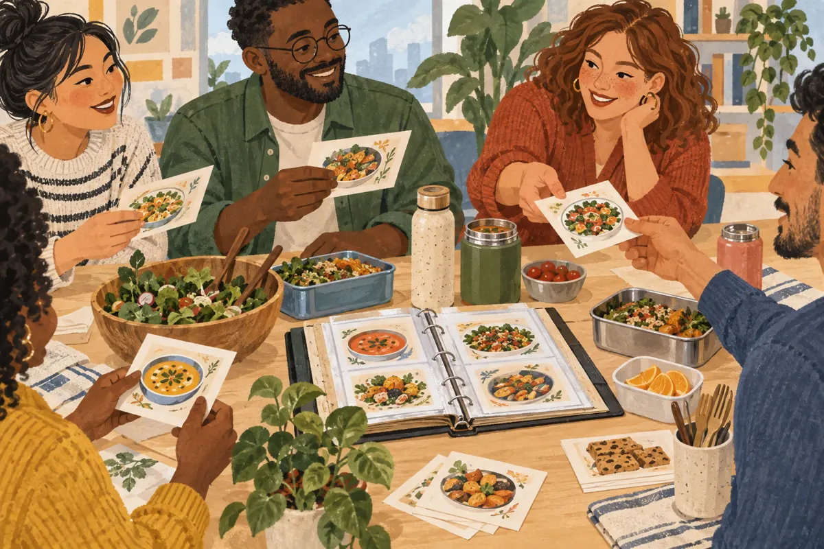 Illustration of colleagues exchanging recipe cards during a lunch break.