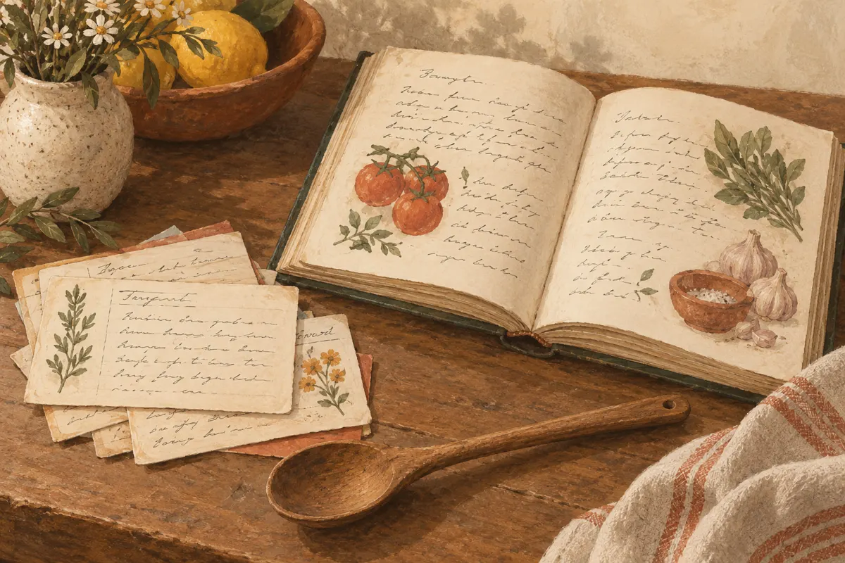 Illustration of family recipe cards beside an open keepsake cookbook and a wooden spoon.